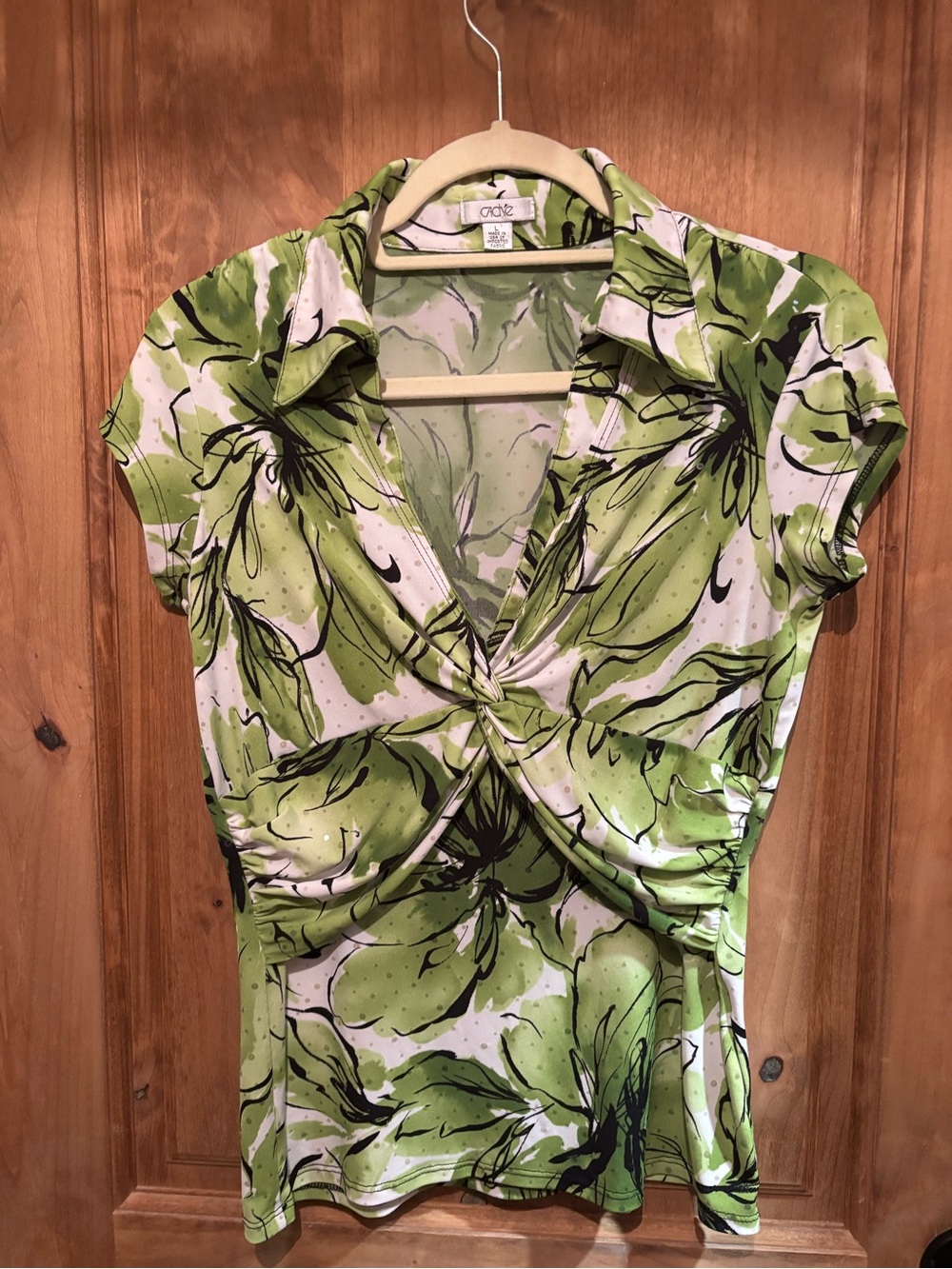 Cache Green and White Twist-Front Floral Blouse